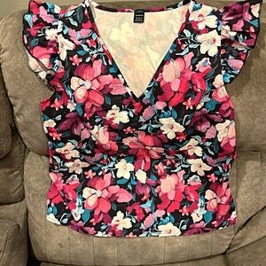 SHEIN Floral V-Neck Top in Pink and Blue